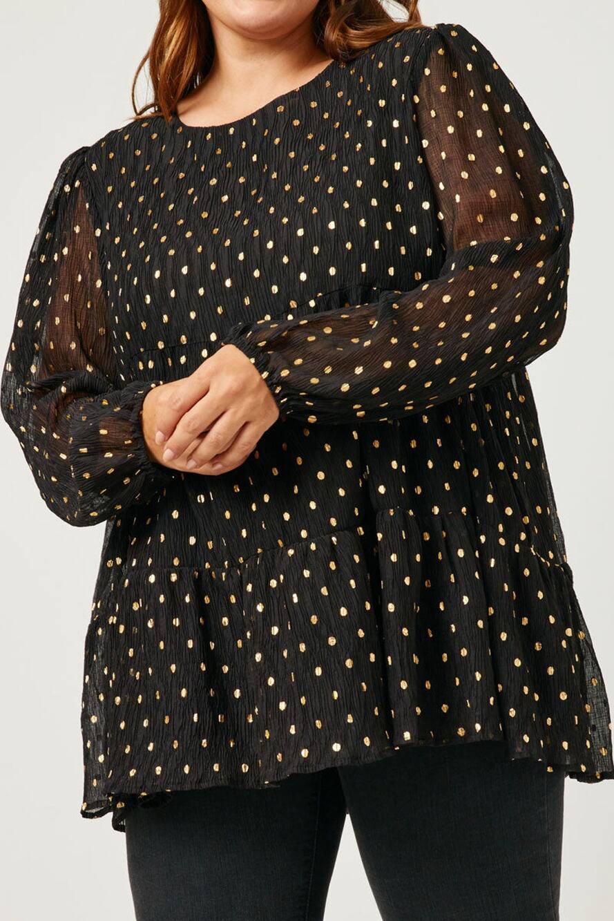 HAYDEN Goldie Black Babydoll Metallic Dot Tiered Tunic Top Plus 3XL